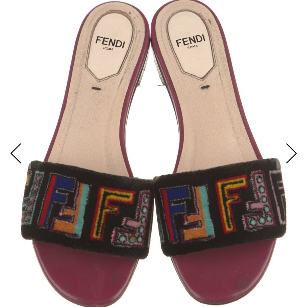 Fendi Black and Pink Embroidered Slide Sandals - Picture 3 of 5